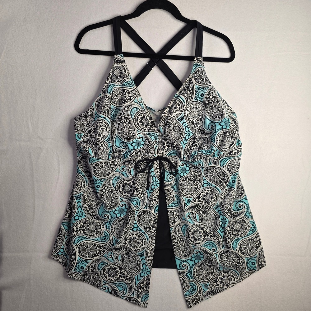 Beach Diva Paisley Flyaway Tankini Swim Top Turquoise Black White Size 22W